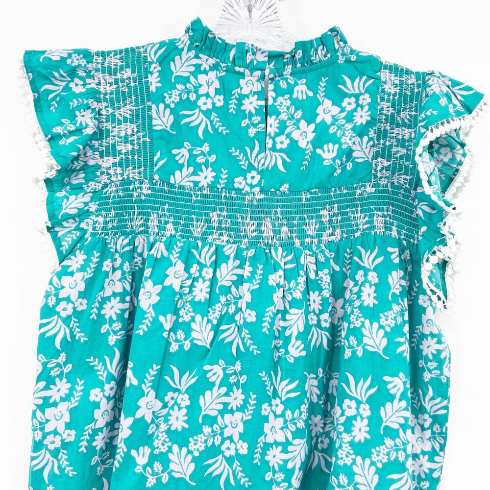 THML Teal Gray Lavender Floral Smocked Ruffle Sleeve Cotton Top Size Small - Picture 10 of 12